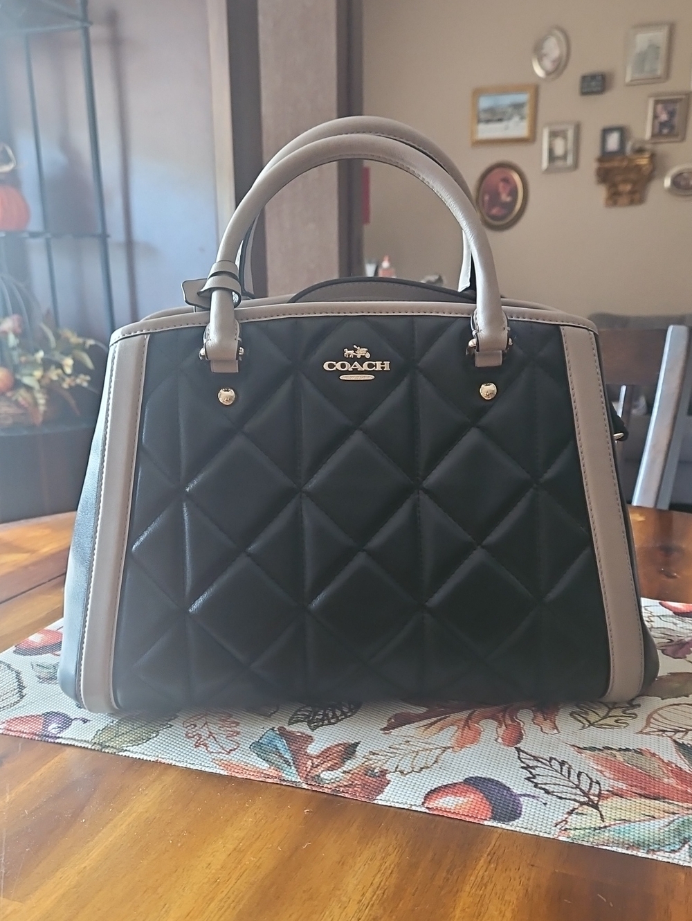 COACH Quilted Satchel in Black with Taupe Trim. Includes Cross Body Strap. NWOT